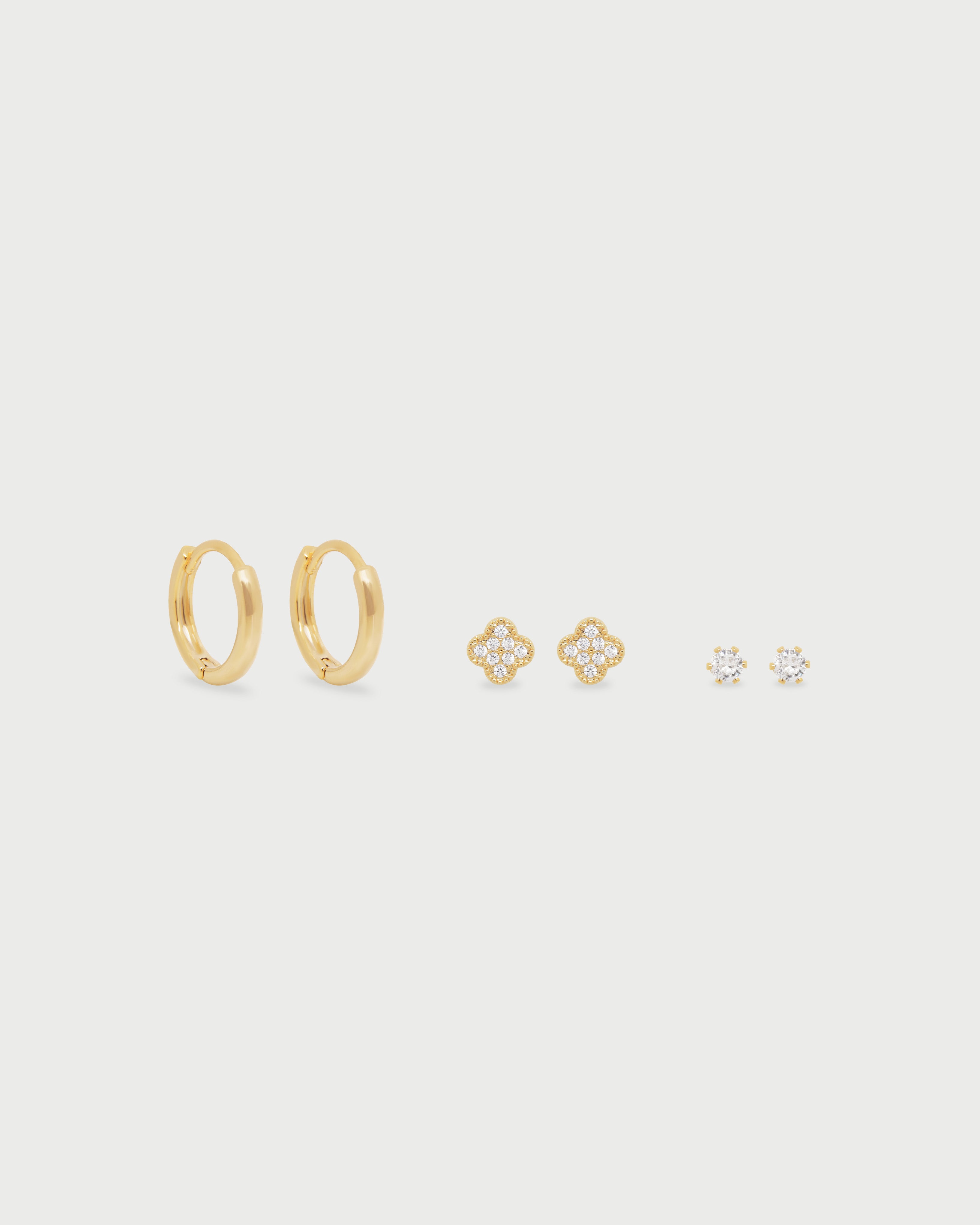 Set X3 Aretes Trébol para mujer con diseño delicado y acabado en baño de oro de Lunamar